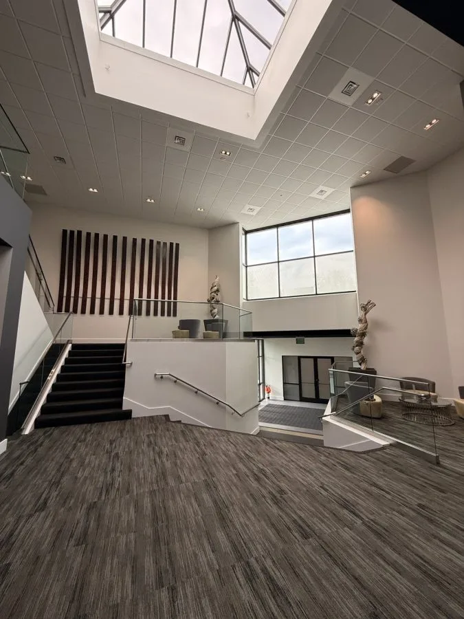 The skylit lobby of the Gateway building in Bellevue, home to Summit Neuro